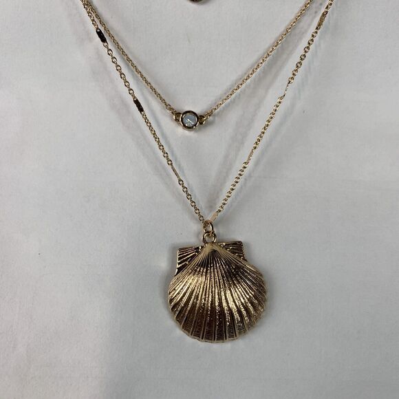 Jessica Simpson Multi-Layer Necklace Seashell Pendant Gold Tone Rhinestone - Picture 7 of 12